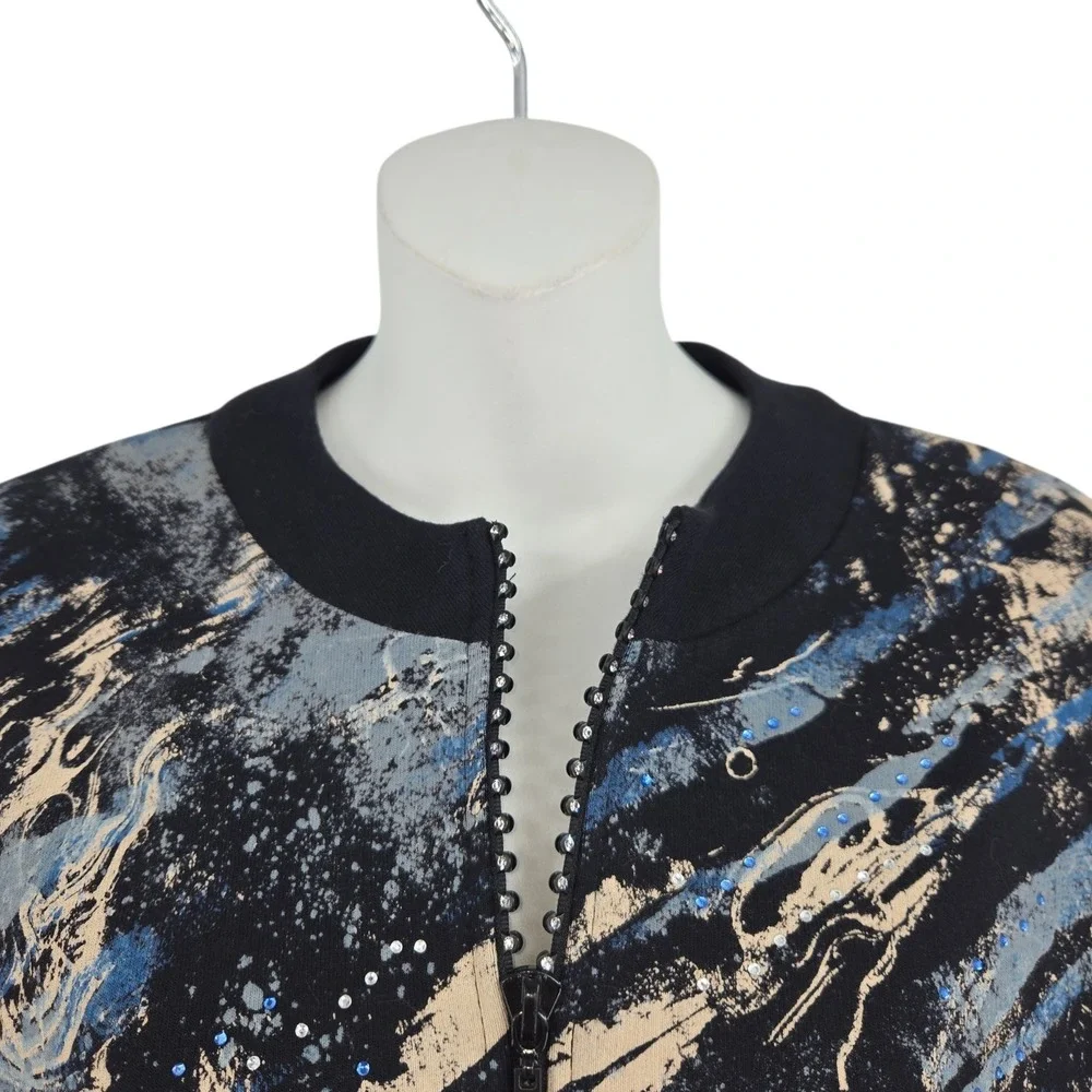 Jess & Jane Jacket Women S Blue Waves Full‎ Zip Rhinestone Abstract Artsy Casual